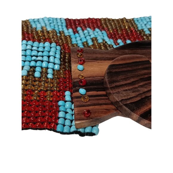 Wide Belt Stretch Blue Red Brown Beaded Boho Tribal Stretchy Wooden Buckle 28\